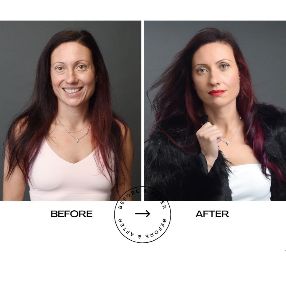 Before and after photos of a woman transformed by a glamour photographer, showcasing the difference