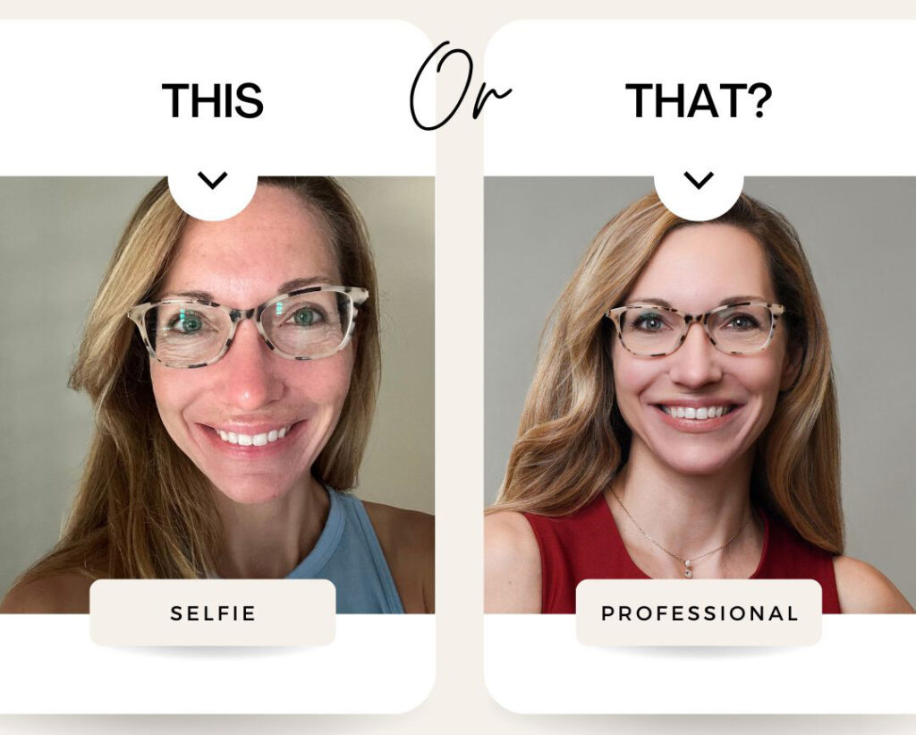 Before and after comparison of LinkedIn headshots, showing a casual selfie on the left and a professionally taken headshot on the right, highlighting the difference in impact.