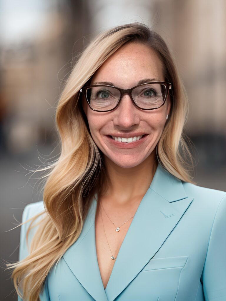 Professional headshot of a smiling woman with glasses, wearing a light blue blazer, in an outdoor urban setting