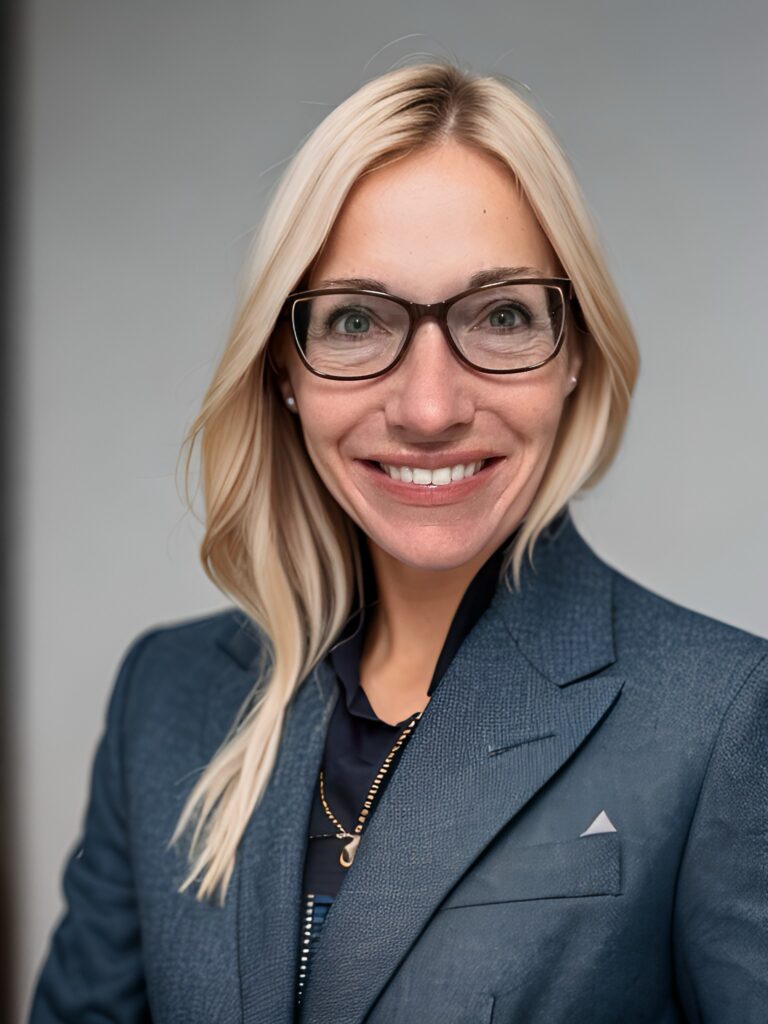 Close-up of a woman in glasses and a  blue blazer, smiling studio, created using AI technology.