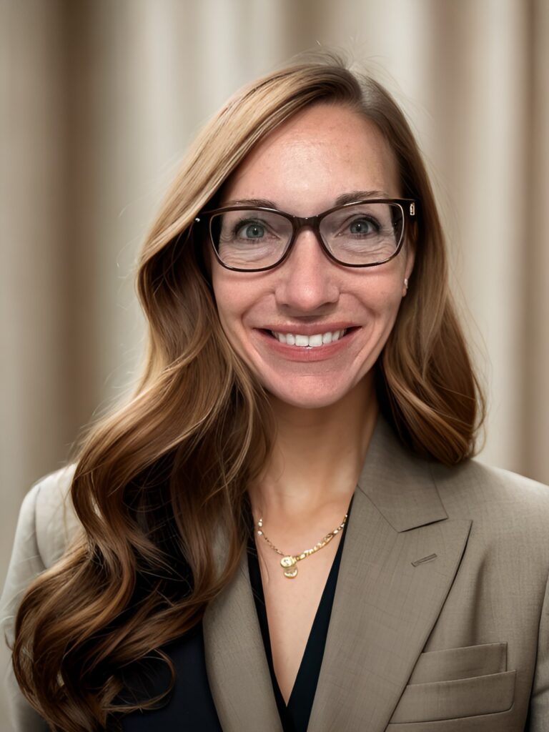 AI-generated headshot of a woman in a blue blazer and glasses, smiling confidently with a blurred beige background