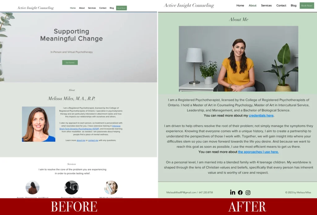 Comparison of the About page of Active Insight Counseling's website before and after redesign, showing updated professional photography and improved layout