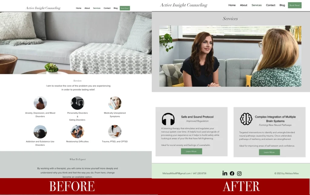 Psychotherapist headshots. A side-by-side comparison of the Services page of Active Insight Counseling's website, highlighting a visual transformation with new images and refined service descriptions. 