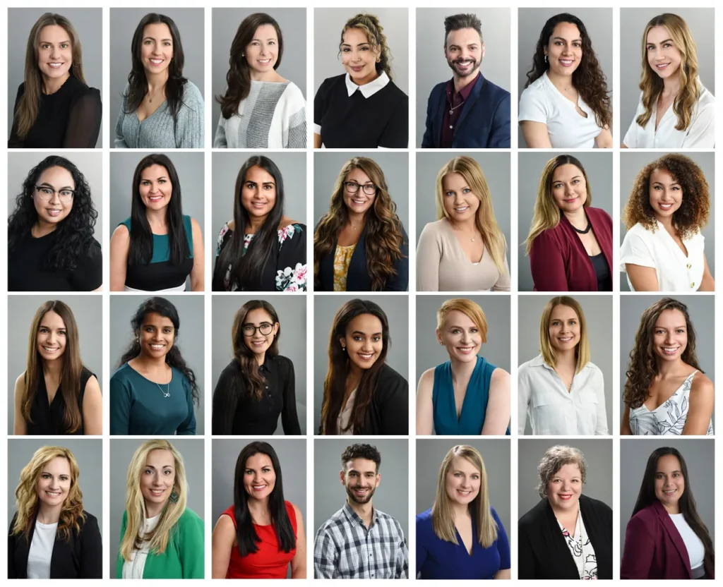 Grid of diverse team headshots wearing branded attire, set against a uniform gray background, reflecting company culture and inclusivity