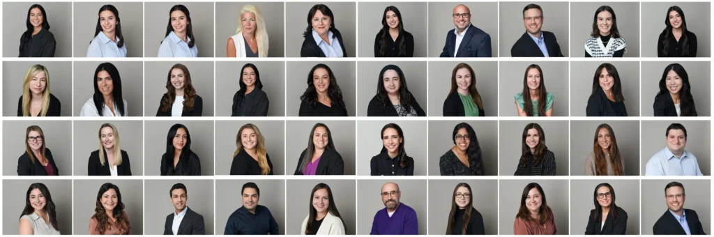 A series of professional, lifestyle-oriented headshots of team members in a modern office setting with teal accents, conveying an approachable corporate image