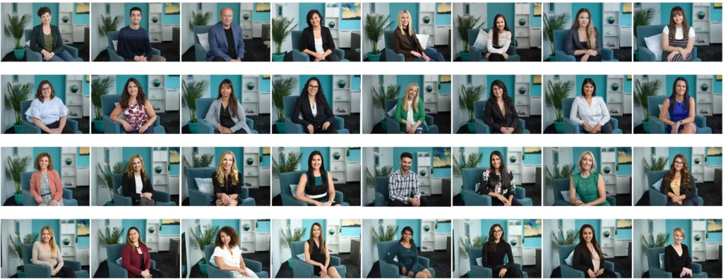 Professional headshots of employees arranged in a grid format, each against a clean, beige background, emphasizing corporate identity and consistency